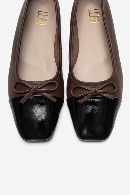 Romy - Brown Genuine Leather Square Toe Bow Ballet Flat (Women)