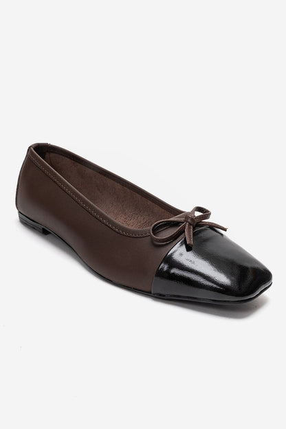 Romy - Brown Genuine Leather Square Toe Bow Ballet Flat (Women)