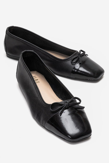 Romy - Black Genuine Leather Square Toe Bow Ballet Flat (Women)