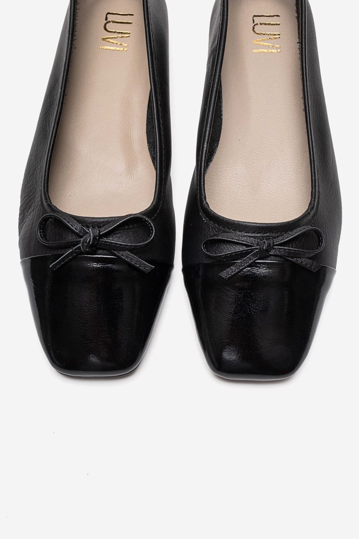 Romy - Black Genuine Leather Square Toe Bow Ballet Flat (Women)