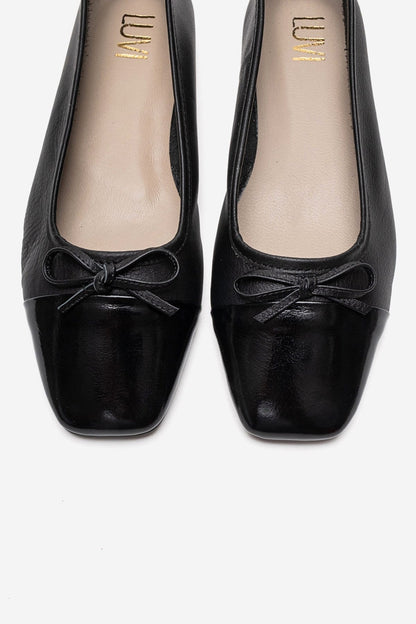 Romy - Black Genuine Leather Square Toe Bow Ballet Flat (Women)