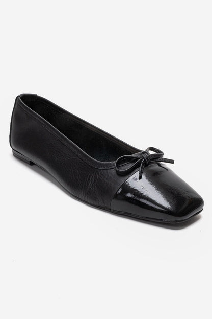 Romy - Black Genuine Leather Square Toe Bow Ballet Flat (Women)