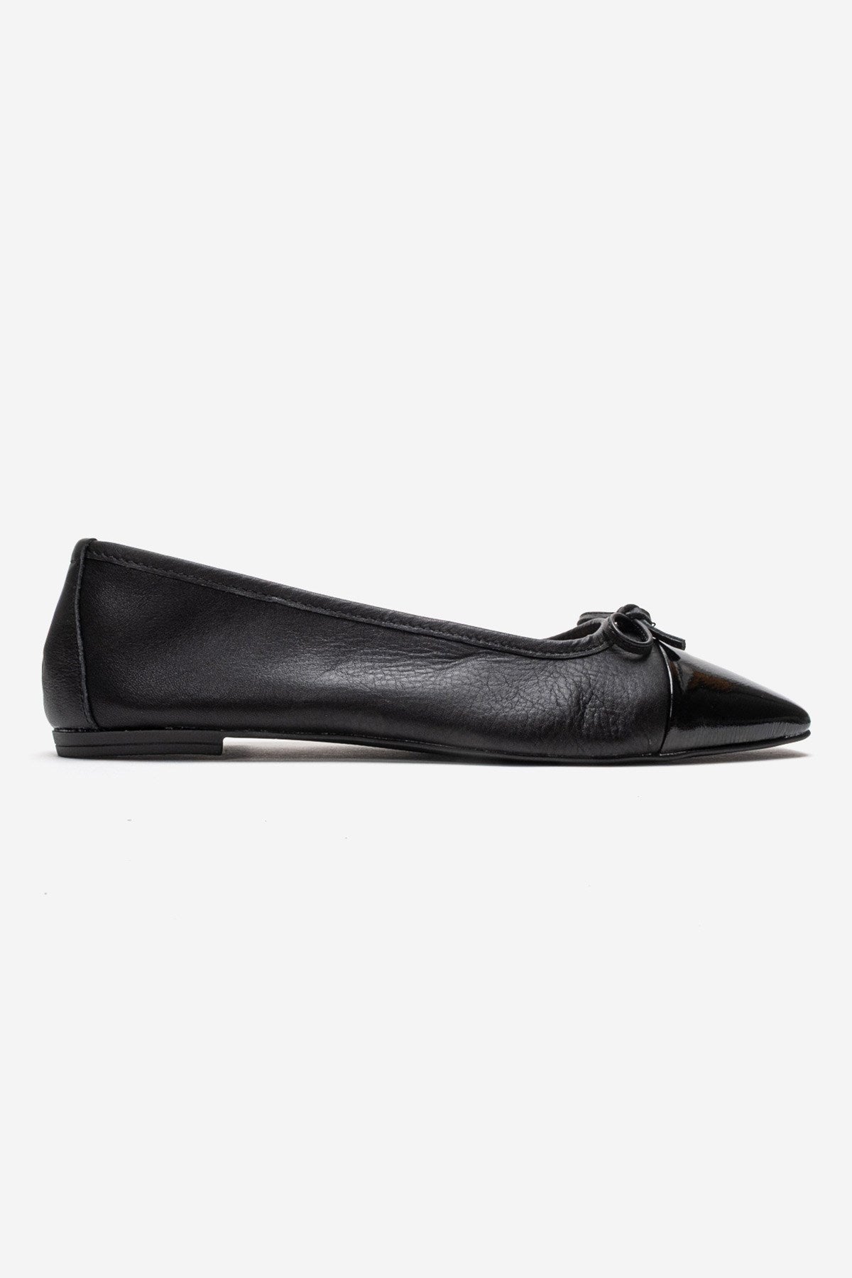Romy - Black Genuine Leather Square Toe Bow Ballet Flat (Women)