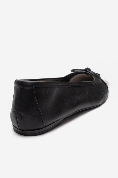 Romy - Black Genuine Leather Square Toe Bow Ballet Flat (Women)