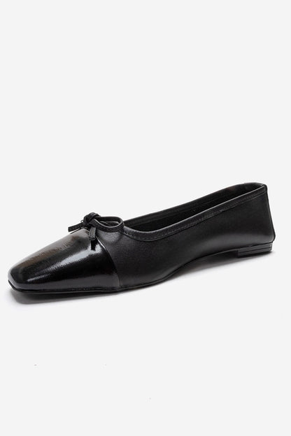 Romy - Black Genuine Leather Square Toe Bow Ballet Flat (Women)