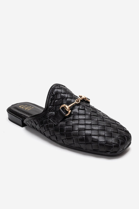 SENIA - Mule de cuero genuino trenzado negro con hebilla y puntera cerrada (Mujer)