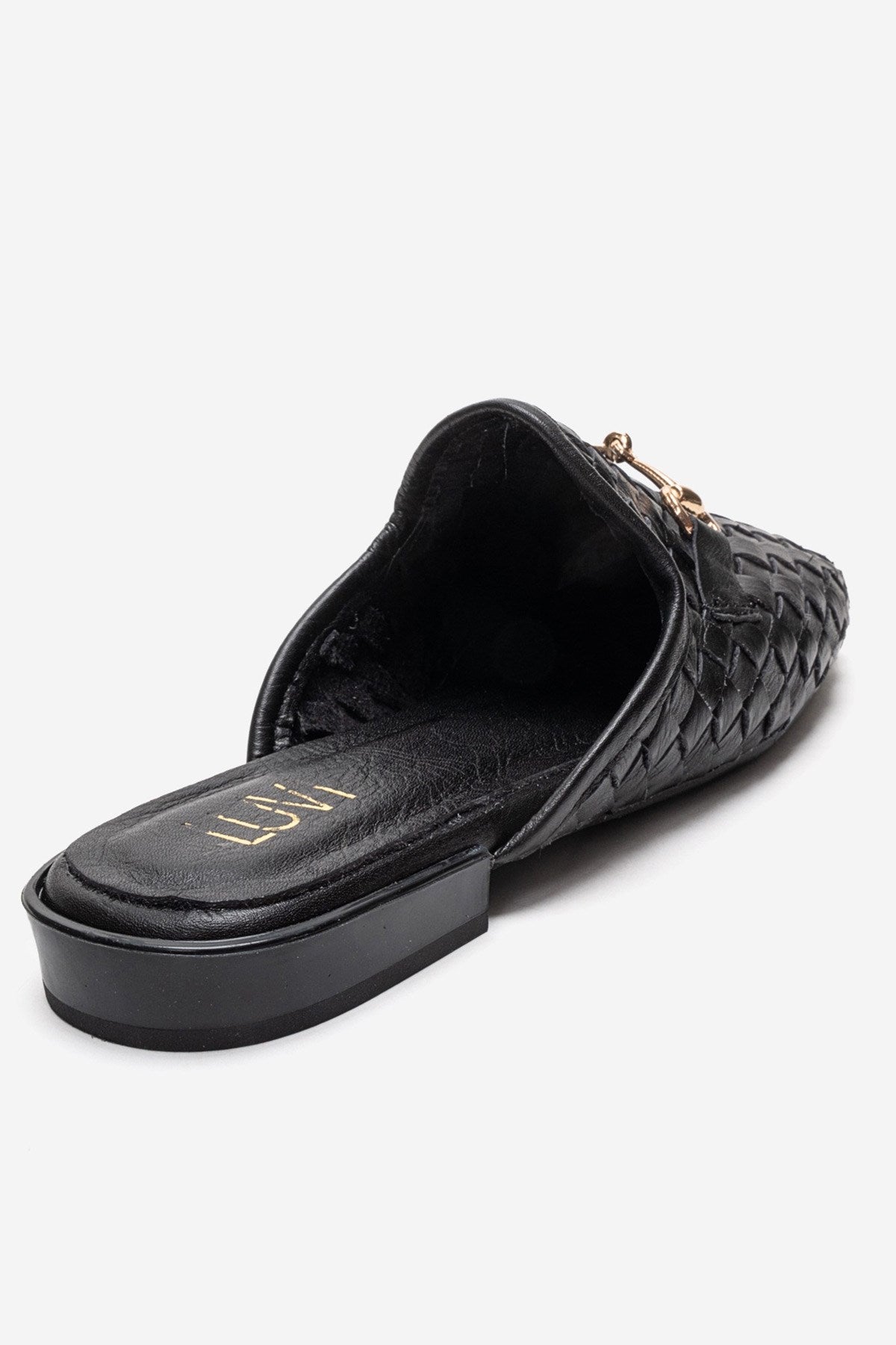 SENIA - Mule de cuero genuino trenzado negro con hebilla y puntera cerrada (Mujer)