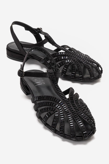 LAVINA - Black Satin Embellished Sandal (Women)