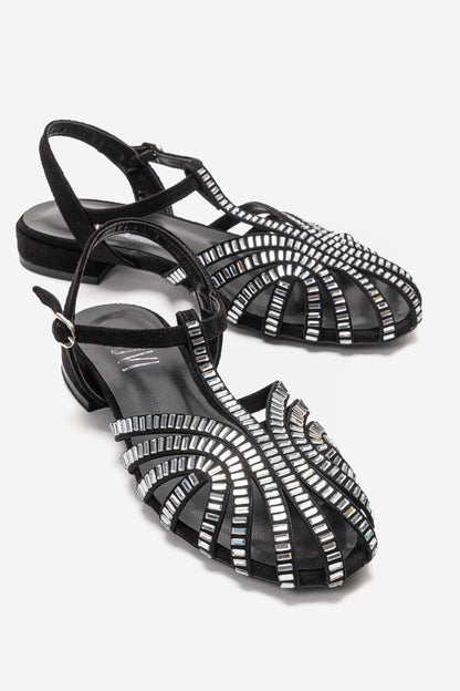 LAVINA - Black Suede Embellished Sandal (Women)