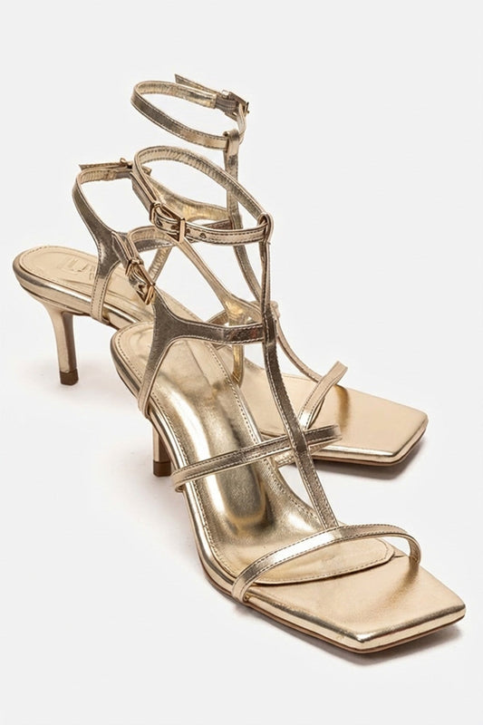 VIENTO - Zapato de tacón de aguja dorado con tira al tobillo (Mujer)