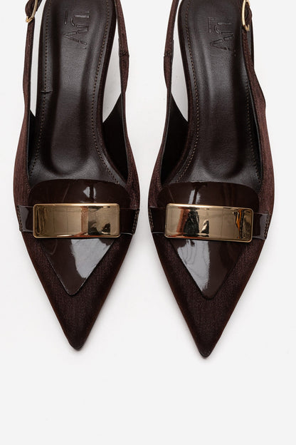 SOLLENNE - Brown Satin Buckle Stiletto Pump (Women)