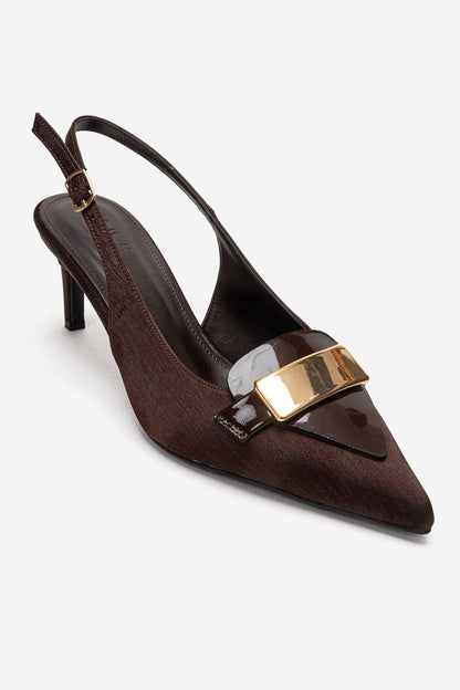 SOLLENNE - Brown Satin Buckle Stiletto Pump (Women)