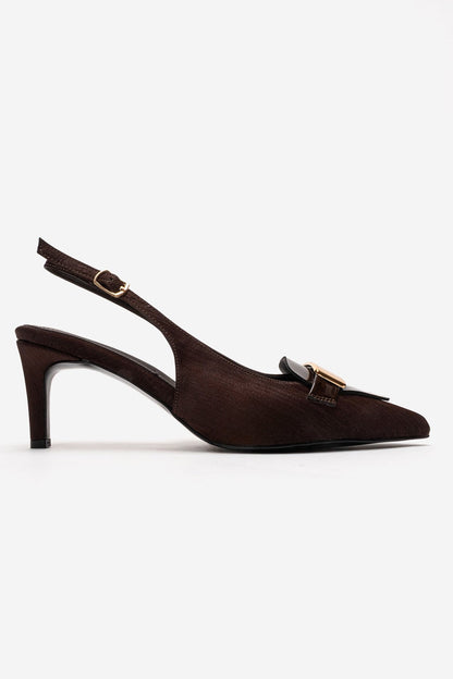 SOLLENNE - Brown Satin Buckle Stiletto Pump (Women)