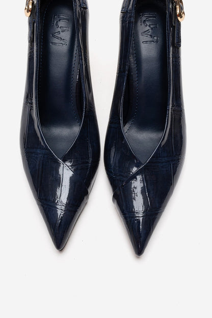 Polly - Navy Genuine Leather Pointed Toe Stiletto Pump (Women)