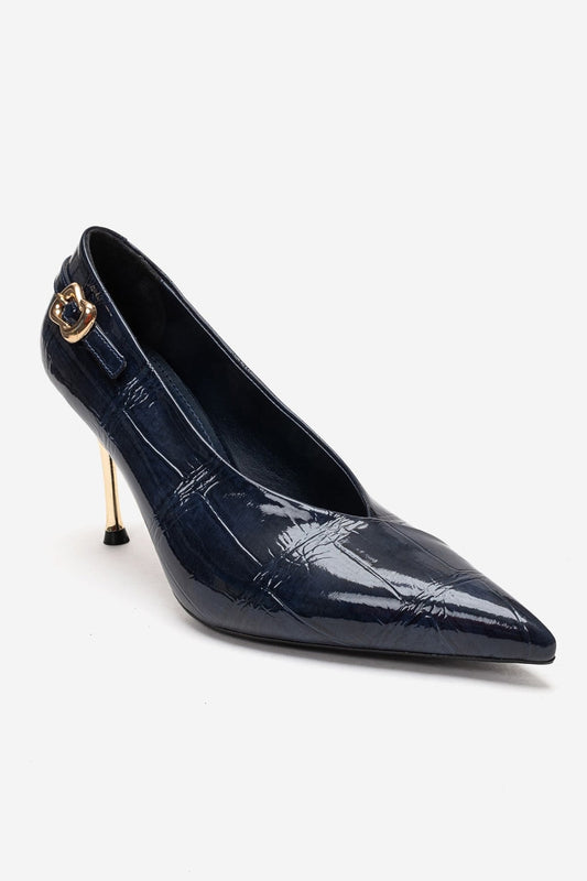 Polly - Navy Genuine Leather Pointed Toe Stiletto Pump (Women)