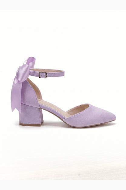 Arielle Lilac Suede Bow Ankle Strap Block Heel Sandal