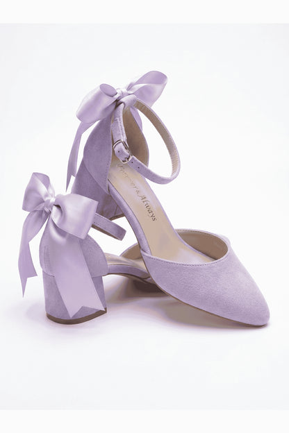 Arielle Lilac Suede Bow Ankle Strap Block Heel Sandal