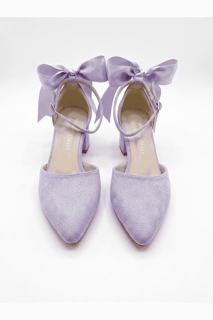 Arielle Lilac Suede Bow Ankle Strap Block Heel Sandal