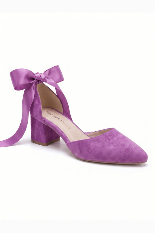 Fiona Fuchsia Suede Bow Ankle Strap Block Heel Pump