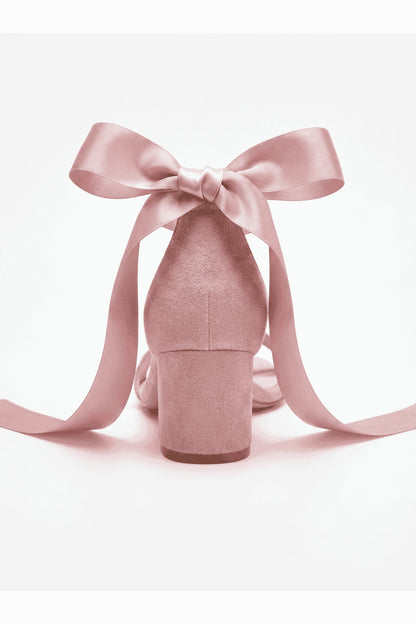 Rova Dusty Pink Suede Satin Bow Block Heel Sandal