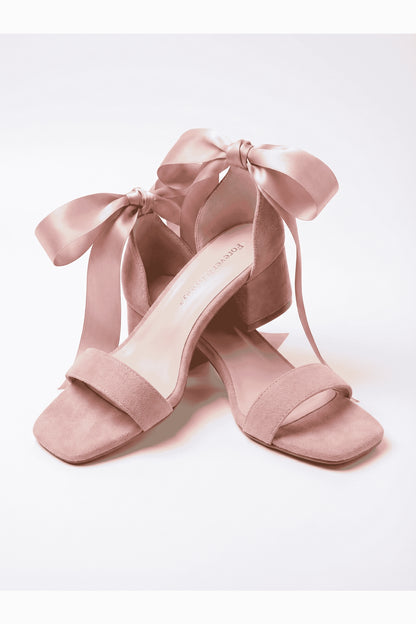 Rova Dusty Pink Suede Satin Bow Block Heel Sandal