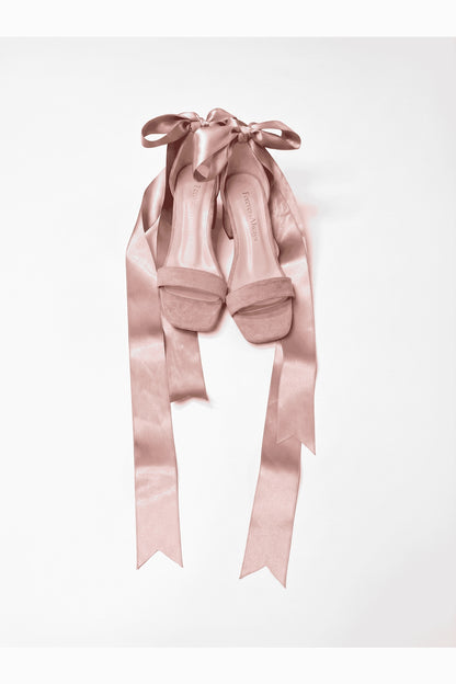 Rova Dusty Pink Suede Satin Bow Block Heel Sandal