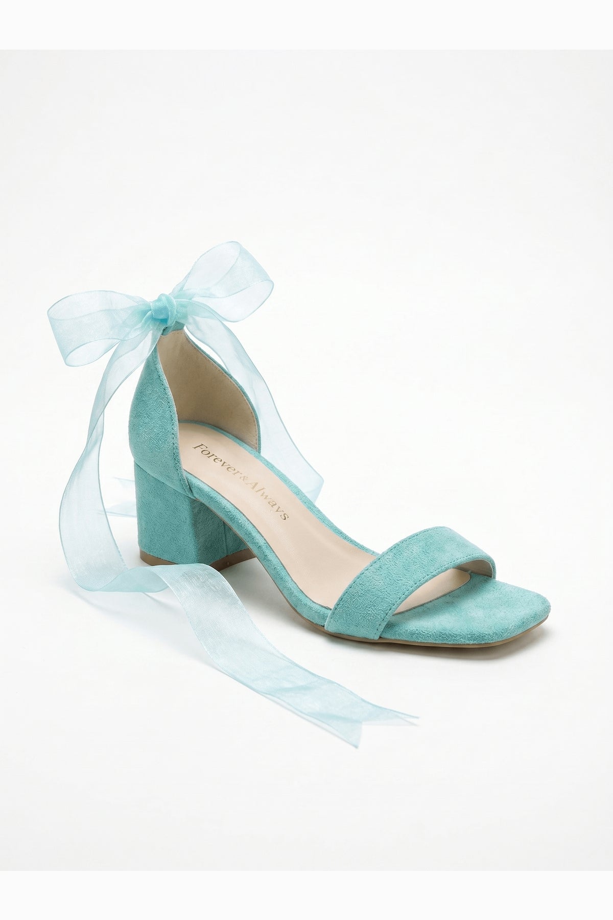Rova Aqua Suede Organza Ribbon Ankle Strap Block Heel Sandal