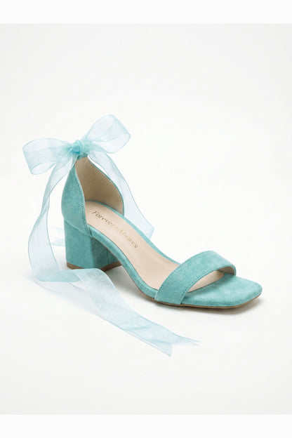 Rova Aqua Suede Organza Ribbon Ankle Strap Block Heel Sandal
