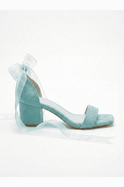 Rova Aqua Suede Organza Ribbon Ankle Strap Block Heel Sandal