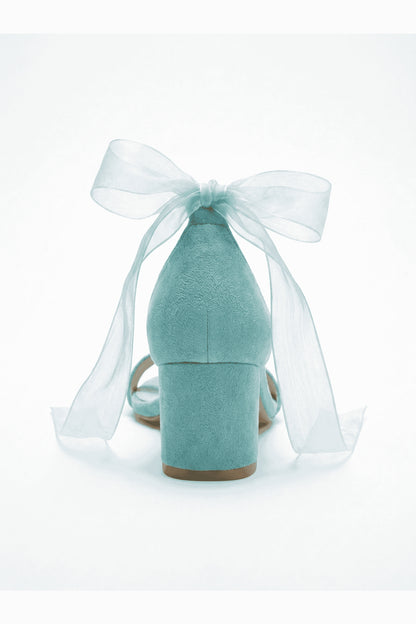 Rova Aqua Suede Organza Ribbon Ankle Strap Block Heel Sandal