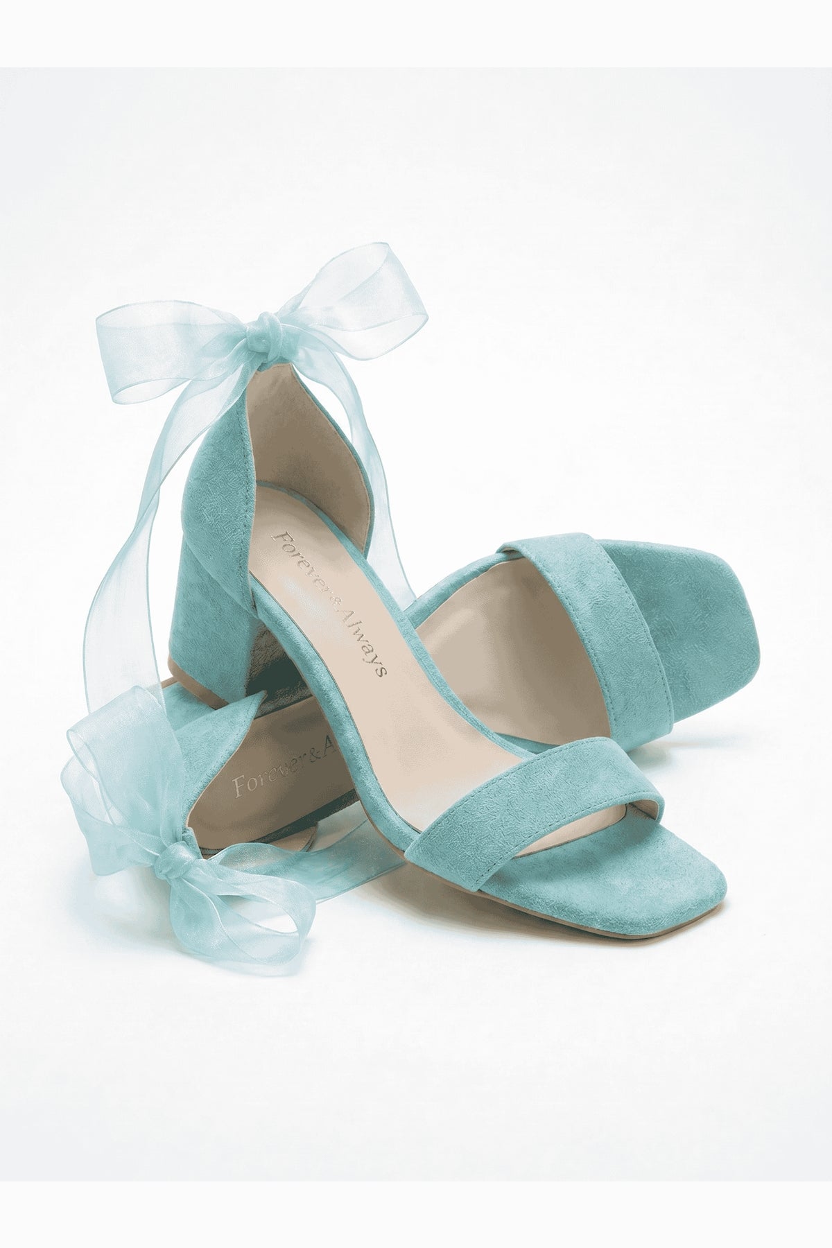 Rova Aqua Suede Organza Ribbon Ankle Strap Block Heel Sandal