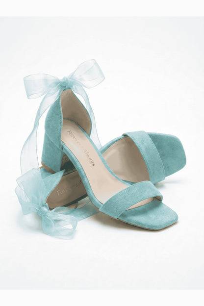 Rova Aqua Suede Organza Ribbon Ankle Strap Block Heel Sandal