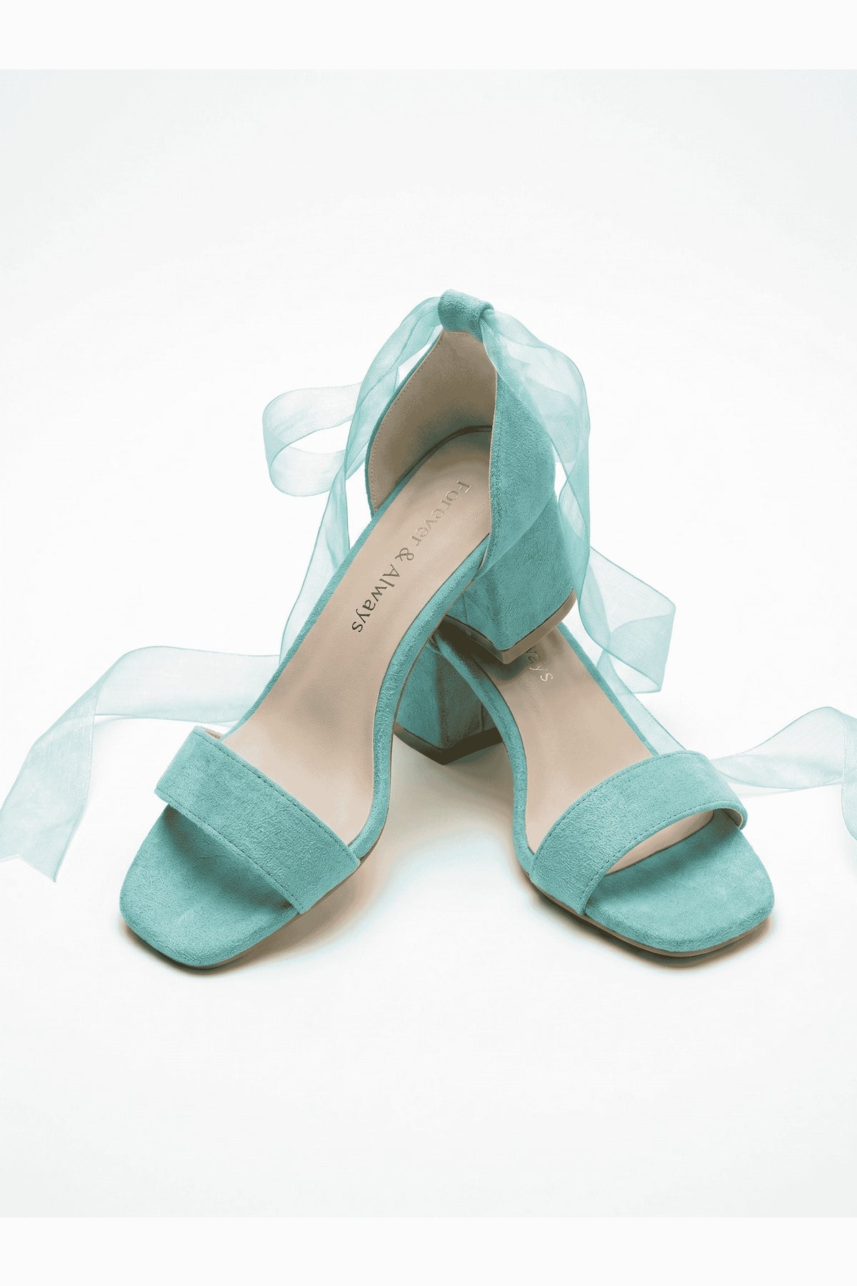 Rova Aqua Suede Organza Ribbon Ankle Strap Block Heel Sandal