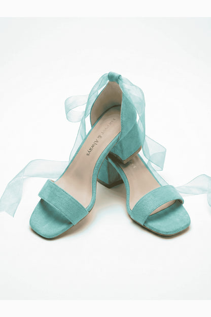 Rova Aqua Suede Organza Ribbon Ankle Strap Block Heel Sandal