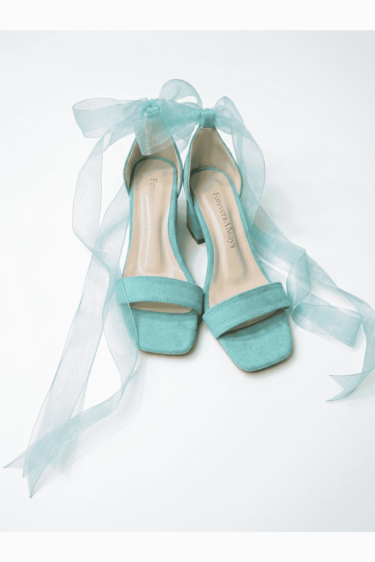 Rova Aqua Suede Organza Ribbon Ankle Strap Block Heel Sandal