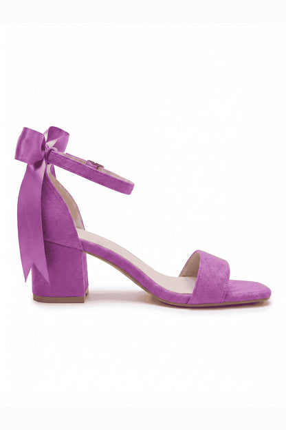 Rochelle Fuchsia Suede Satin Ribbon Ankle Strap Block Heel Sandal