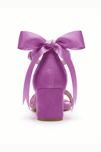 Rochelle Fuchsia Suede Satin Ribbon Ankle Strap Block Heel Sandal