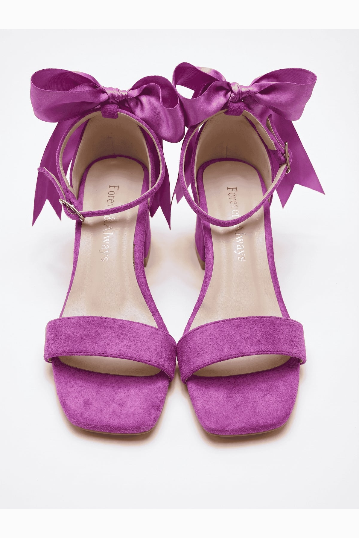 Rochelle Fuchsia Suede Satin Ribbon Ankle Strap Block Heel Sandal