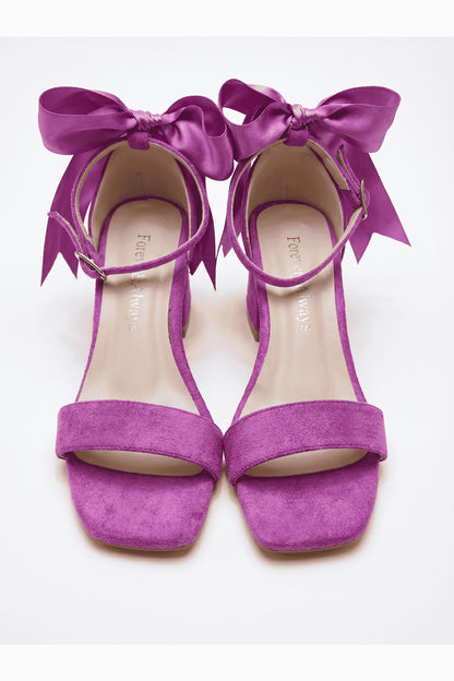 Rochelle Fuchsia Suede Satin Ribbon Ankle Strap Block Heel Sandal