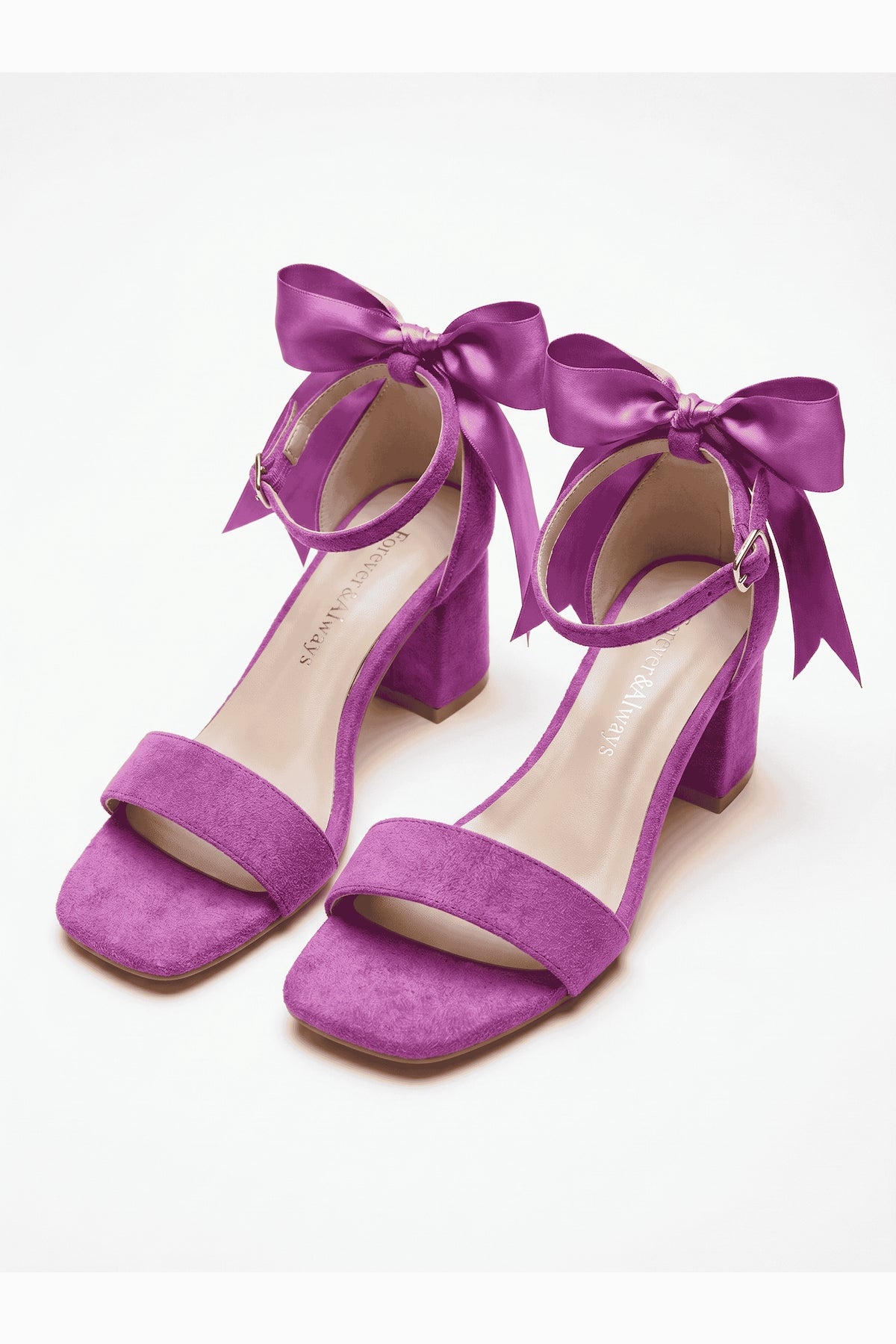 Rochelle Fuchsia Suede Satin Ribbon Ankle Strap Block Heel Sandal