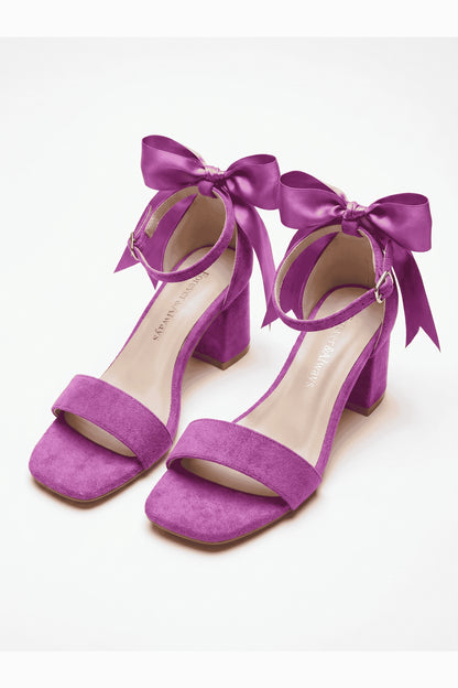 Rochelle Fuchsia Suede Satin Ribbon Ankle Strap Block Heel Sandal