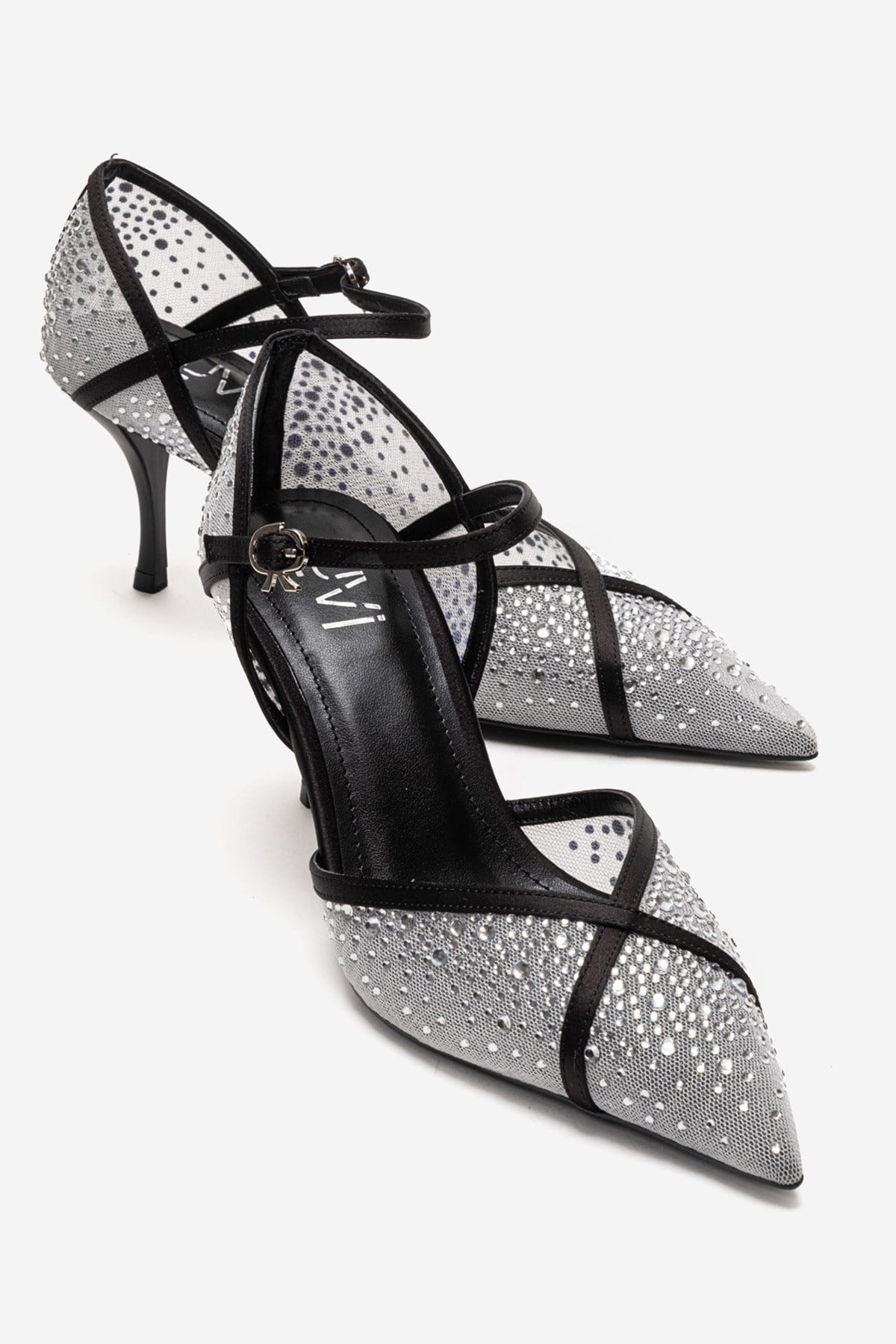 RACHEL - Zapatos de tacón de aguja con adornos de pedrería, malla y satén en cuero genuino blanco y negro (Mujer)