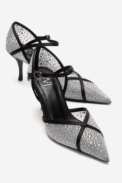 RACHEL - Zapatos de tacón de aguja con adornos de pedrería, malla y satén en cuero genuino blanco y negro (Mujer)