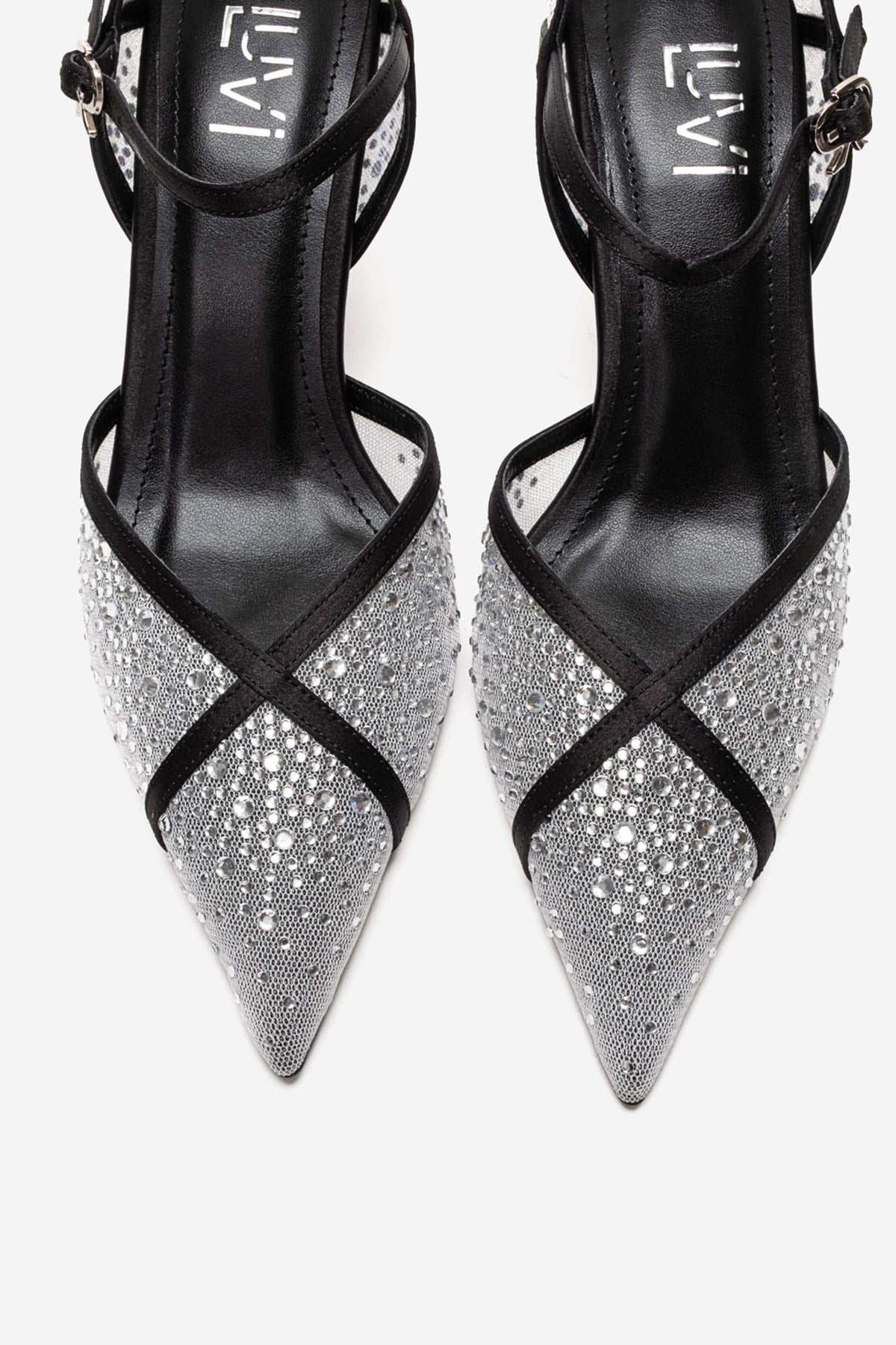 RACHEL - Zapatos de tacón de aguja con adornos de pedrería, malla y satén en cuero genuino blanco y negro (Mujer)