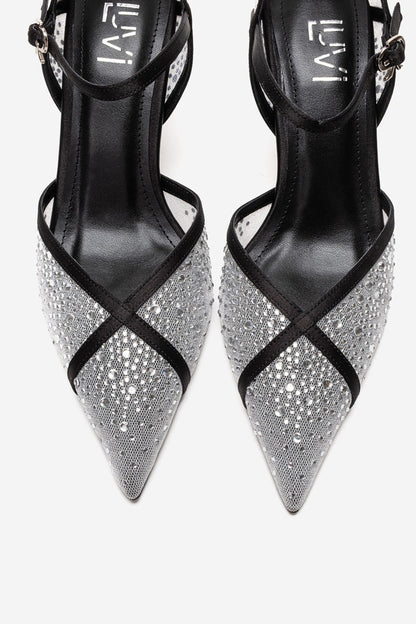 RACHEL - Zapatos de tacón de aguja con adornos de pedrería, malla y satén en cuero genuino blanco y negro (Mujer)