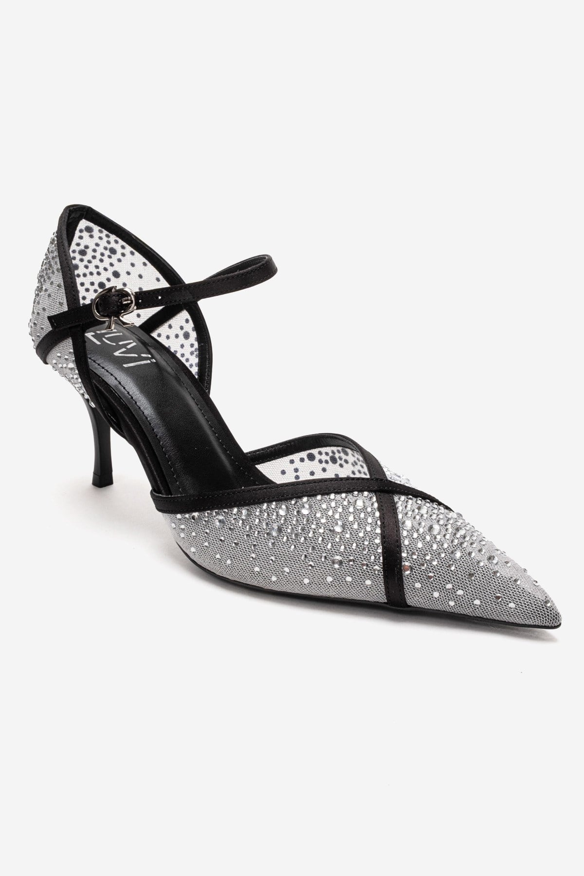 RACHEL - Zapatos de tacón de aguja con adornos de pedrería, malla y satén en cuero genuino blanco y negro (Mujer)