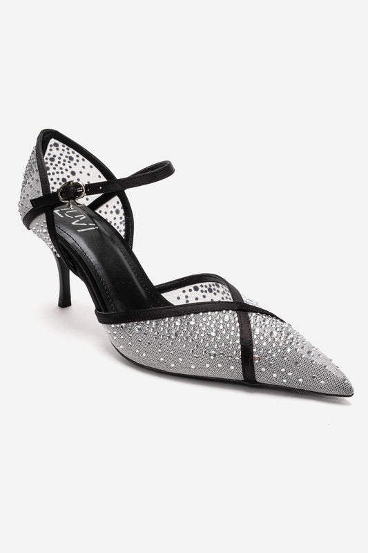 RACHEL - Zapatos de tacón de aguja con adornos de pedrería, malla y satén en cuero genuino blanco y negro (Mujer)