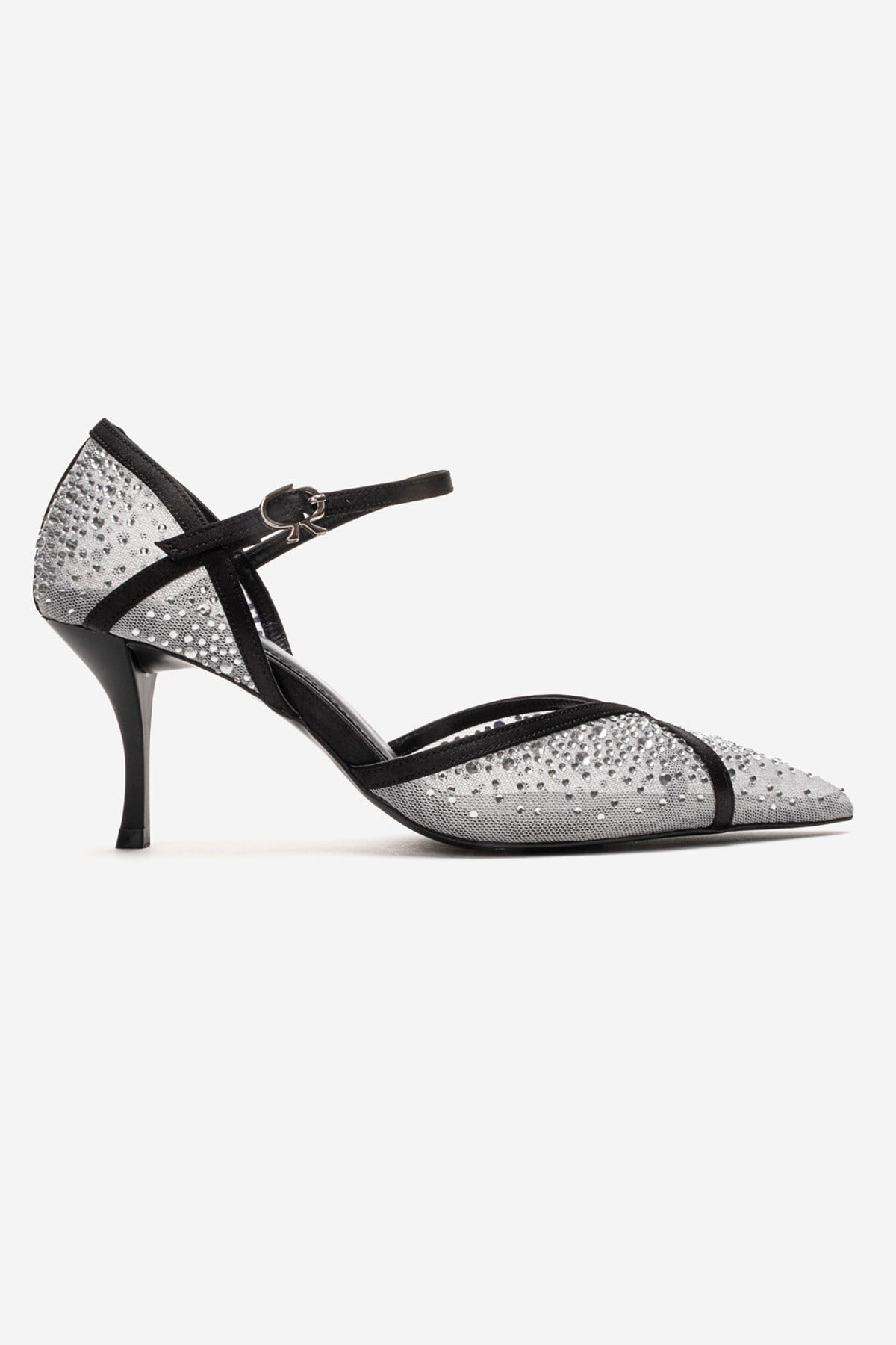 RACHEL - Zapatos de tacón de aguja con adornos de pedrería, malla y satén en cuero genuino blanco y negro (Mujer)
