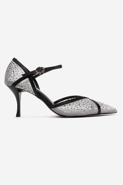 RACHEL - Zapatos de tacón de aguja con adornos de pedrería, malla y satén en cuero genuino blanco y negro (Mujer)