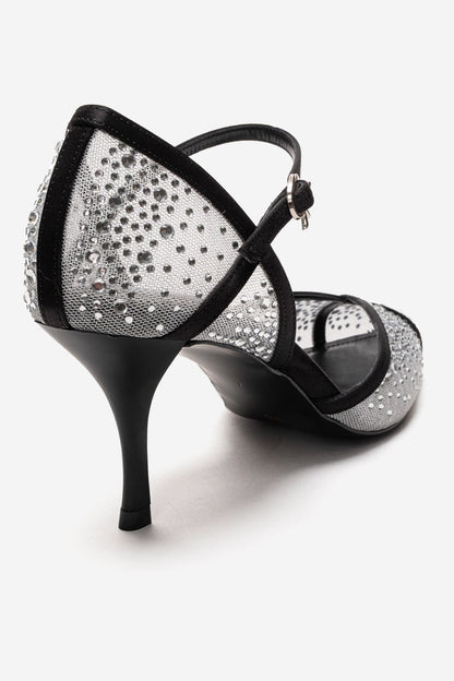 RACHEL - Zapatos de tacón de aguja con adornos de pedrería, malla y satén en cuero genuino blanco y negro (Mujer)